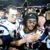 Tom Brady et Brandon Browner fêtent la victoire des New England Patriots au Super Bowl le 1er février 2015 à Glendale