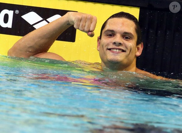 Florent Manaudou après sa victoire sur 50m nage libre aux championnats d'Europe au Velodrom de Berlin, le 24 août 2014