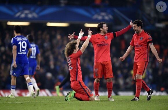 David Luiz celebrates, Maxwell et Thiago Motta lors du match de Ligue des Champions entre Chelsea et le PSG à Stamford Bridge à Londres, le 11 mars 2015