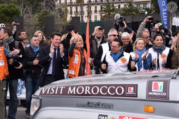 Christian Estrosi, Dominique Serra et Jean-Marc Généreux lors du départ du 25e Rallye Aïcha des gazelles à Nice le 21 mars 2015