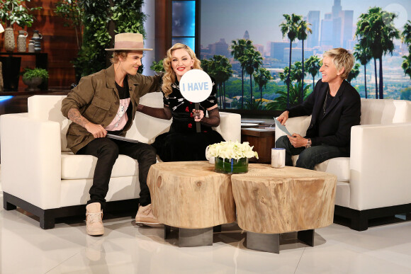 Madonna et Justin Bieber sur le plateau de l'émission d’Ellen DeGeneres à Los Angeles le 18 mars 2015. 