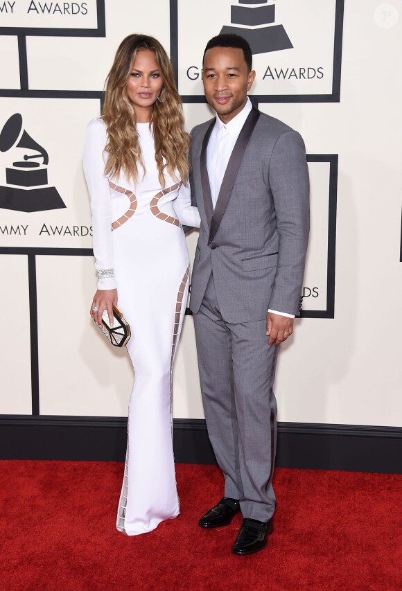 John Legend et sa femme Chrissy Teigen - 57ème soirée annuelle des Grammy Awards au Staples Center à Los Angeles, le 8 février 2015.  