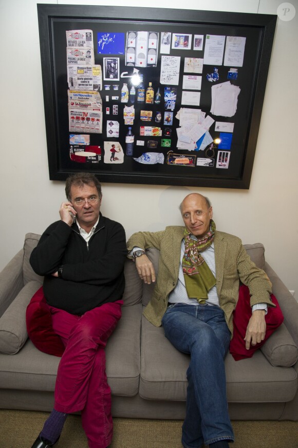 Pascal Rostain et Bruno Mouron - Vernissage de l'exposition "Gainsbourg For Ever" à la galerie Hegoa à Paris. Le 2 avril 2015
