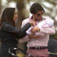 Exclusif - Giuseppe Polimeno et sa chérie Hinda promènent leur fille Giulia, née le 24 février, dans les jardins du port Canto à Cannes. Le 4 avril 2015.