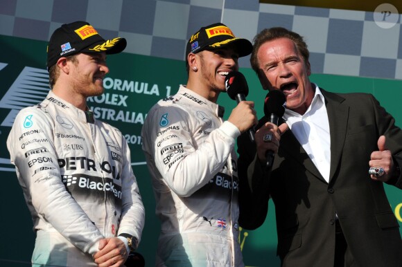 Lewis Hamilton, Nico Rosberg et Arnold Schwarzenegger à Melbourne, le 15 mars 2015