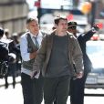  George Clooney, Jack O'Connell et Giancarlo Esposito sur le tournage de Money Monster, prochain film de Jodie Foster, &agrave; Wall Street, New York, le 11 avril 2015. 