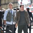  George Clooney, Jack O'Connell et Giancarlo Esposito sur le tournage de Money Monster, prochain film de Jodie Foster, &agrave; Wall Street, New York, le 11 avril 2015. 