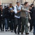 George Clooney, Jack O'Connell et Giancarlo Esposito sur le tournage de Money Monster, prochain film de Jodie Foster, &agrave; Wall Street, New York, le 11 avril 2015. 