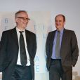 Thierry Fremaux et Pierre Lescure - Conférence de presse pour le festival international du film de Cannes à Paris le 16 avril 2015.