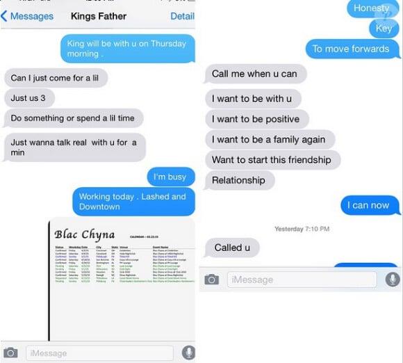 Blac Chyna révèle un échange de textos avec Tyga. Le rappeur y écrit qu'il souhaite que leur famille se reforme et que leur nouvelle relation (Tyga parle d'amitié) démarre. Photo publiée le 23 avril 2015.