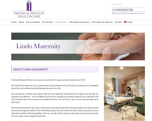 Capture d'écran du site de l'hôpital St Mary, à Londres, et en particulier la maternité Lindo où Kate Middleton doit accoucher de son deuxième enfant fin avril 2015.