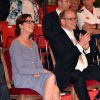 La princesse Caroline de Hanovre, le prince Albert II de Monaco, Elisabeth-Anne de Massy et sa fille Mélanie lors de la clôture de l'expo canine organisée par la Société canine de Monaco présidée par la baronne Elisabeth-Anne de Massy, le 10 mai 2015 au chapiteau de Fontvieille.