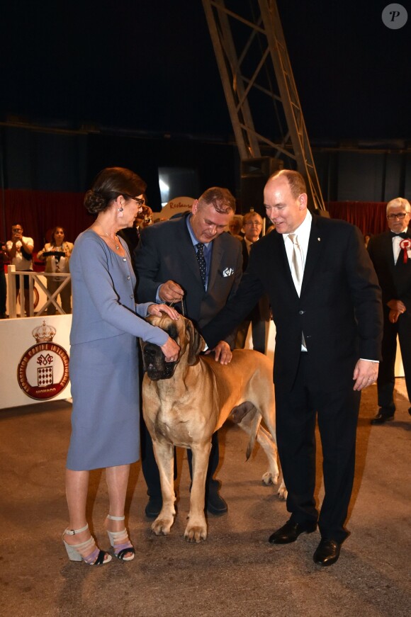 La princesse Caroline de Hanovre et le prince Albert II de Monaco félicitent un superbe dogue allemand, deuxième du concours de l'expo canine organisée par la Société canine de Monaco présidée par la baronne Elisabeth-Anne de Massy, le 10 mai 2015 au chapiteau de Fontvieille.