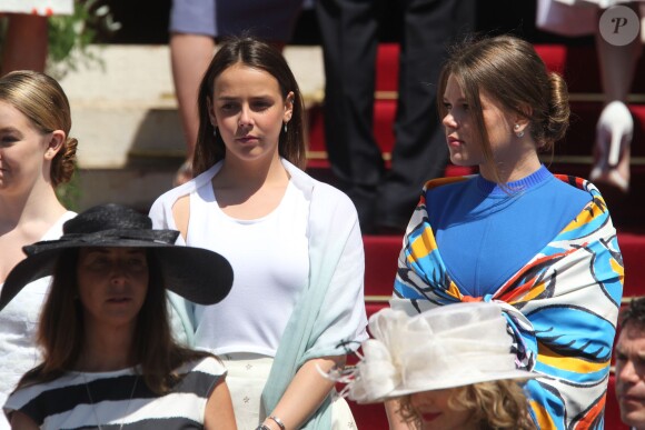 Pauline Ducruet et Camille Gottlieb, filles de la princesse Stéphanie de Monaco, lors du baptême du prince Jacques et de la princesse Gabriella de Monaco, le 10 mai 2015 à Monaco.
