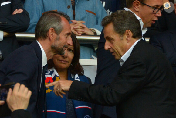 Anne Hidalgo, Nicolas Sarkozy et Jean-Claude Blanc lors du dernier match de la saison du Paris Saint-Germain au Parc des Princes le 23 mai 2015 face à Reims à Paris