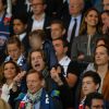 Pierre Sarkozy, Jean Sarkozy et son fils Solal lors du dernier match de la saison du Paris Saint-Germain au Parc des Princes à Paris le 23 mai 2015 face à Reims