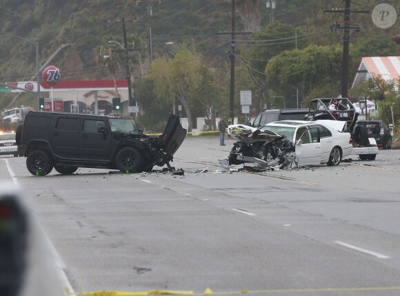 Sur les lieux de l'accident dans lequel Caitlyn Jenner est impliquée. Une femme de 69 ans a perdu la vie. À Los Angeles, le 7 février 2015.
