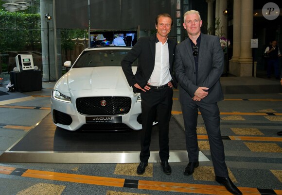 Exclusif - Anthony Beltoise et Wayne Burgess (Designer de Jaguar) - Présentation de la nouvelle Jaguar XF à l'Atrium de la banque 1818 à Paris, le 9 juin 2015.