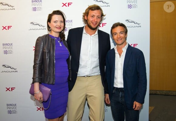 Exclusif - Amaury Leveaux, sa compagne Elizaveta (enceinte) et Jonathan Lambert - Présentation de la nouvelle Jaguar XF à l'Atrium de la banque 1818 à Paris, le 9 juin 2015.