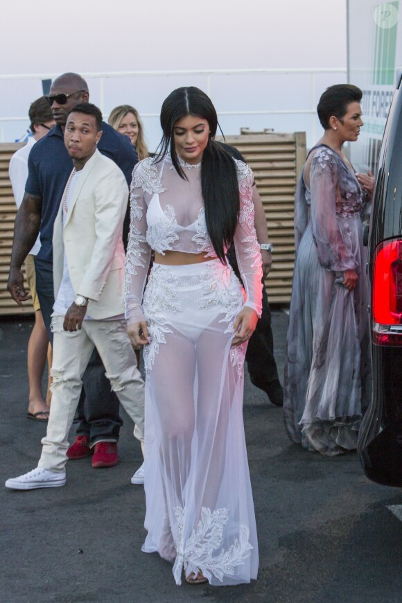 Tyga, Kylie et Kris Jenner arrivent sur le yacht de la soirée du Daily Mail, dans le cadre du festival Cannes Lions. Cannes, le 24 juin 2015.