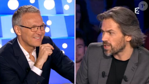 Laurent Ruquier et Aymeric Caron, au moment de ses adieux à On n'est pas couché, le samedi 27 juin 2015 sur France 2.