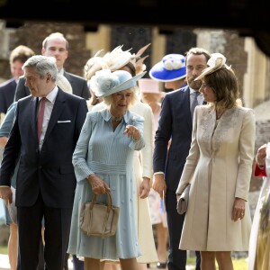 Camilla Parker Bowles, Michael et Carole Middleton lors du baptême de la princesse Charlotte en l'église Saint Mary Magdalene de Sandringham, le 5 juillet 2015