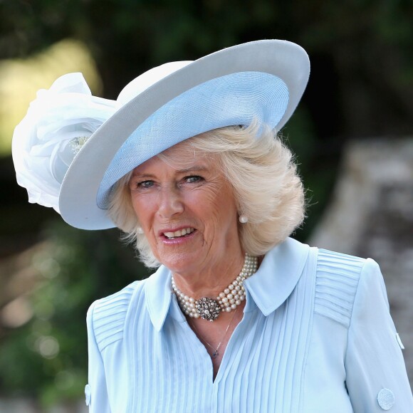 Camilla Parker Bowles, la duchesse de Cornouailles lors du baptême de la princesse Charlotte en l'église Saint Mary Magdalene de Sandringham, le 5 juillet 2015