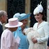 Le prince William, Catherine, duchesse de Cambridge, la princesse Charlotte de Cambridge, le prince Philip duc d'Edimbourg, la reine Elisabeth II et Camilla Parker Bowles, la duchesse de Cornouailles lors du baptême de la princesse Charlotte en l'église Saint Mary Magdalene de Sandringham, le 5 juillet 2015