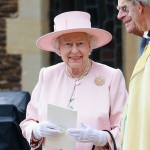 La reine Elisabeth II lors du baptême de la princesse Charlotte en l'église Saint Mary Magdalene de Sandringham, le 5 juillet 2015