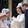 Le prince Philip, duc d'Edimbourg, la reine Elisabeth II, Camilla Parker Bowles, la duchesse de Cornouailles, Catherine Kate Middleton, la duchesse de Cambridge, le prince William, la princesse Charlotte de Cambridge lors du baptême de la princesse Charlotte en l'église Saint Mary Magdalene de Sandringham, le 5 juillet 2015