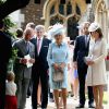 Michael Middleton, James Middleton et Carole Middleton, Camilla Parker Bowles, la duchesse de Cornouailles et le prince Charles lors du baptême de la princesse Charlotte en l'église Saint Mary Magdalene de Sandringham, le 5 juillet 2015