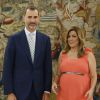 Le roi Felipe VI d'Espagne recevait le 9 juillet 2015 Susana Diaz, présidente de la Junte d'Andalousie, enceinte, au palais de la Zarzuela.