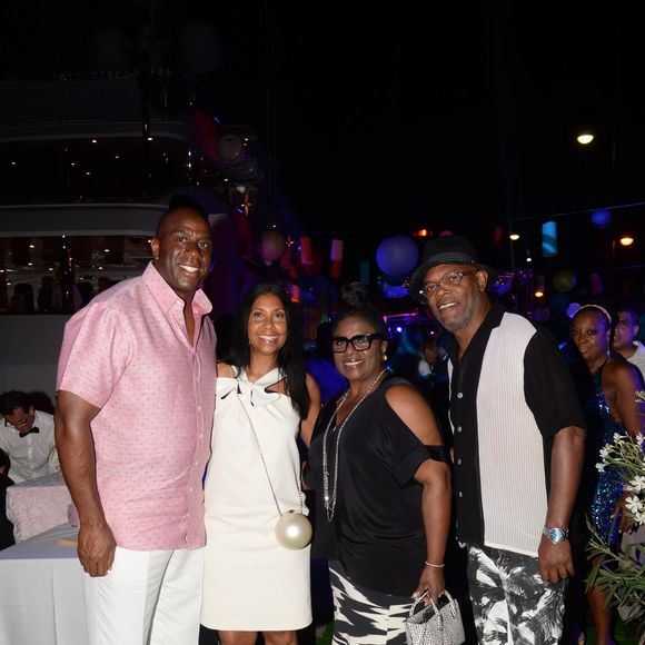 Exclusif - Magic Johnson et sa femme Earlitha "Cookie" Kelly, Samuel L. Jackson et sa femme Latanya Richardson lors de la soirée Denise Rich dans le port de Saint-Tropez, le 19 juillet 2015