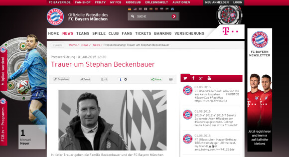 Capture d'écran du site du Bayern de Munich annonçant la mort du fils de Franz Beckenbauer, Stephan, le 1er août 2015