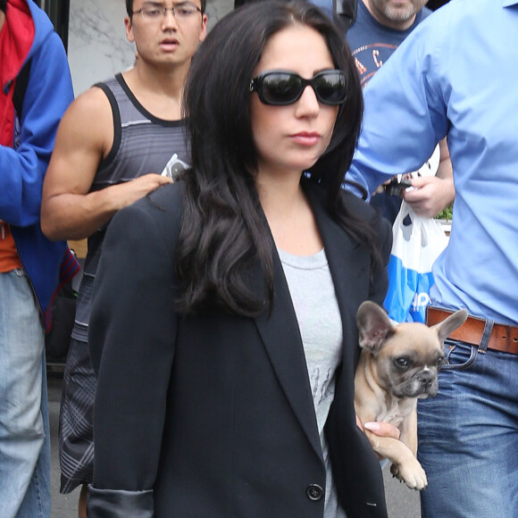 Lady Gaga se promène avec son chien Koji, dans ses bras, dans les rues de New York. Le 12 mai 2015  
