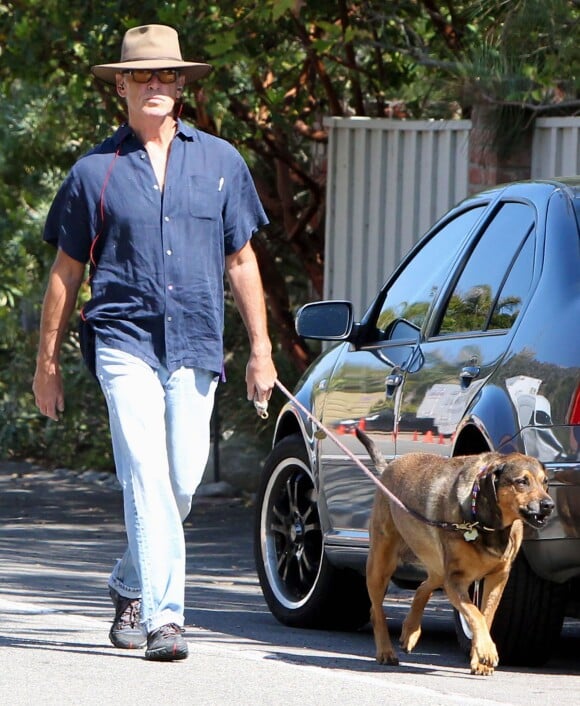 Pierce Brosnan promène son chien dans les rues de Malibu, le 24 mai 2015