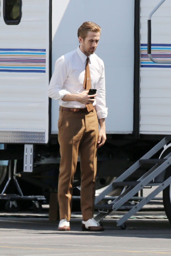 Ryan Gosling sur le tournage du film "La La Land" à Los Angeles. Le 8 septembre 2015