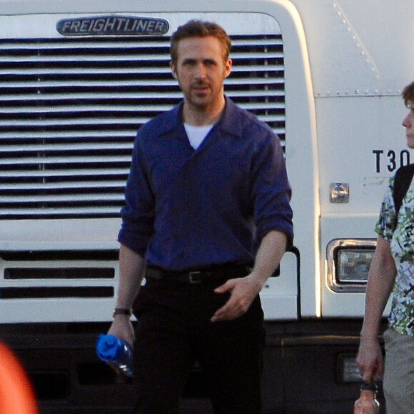 Emma Stone et Ryan Gosling sur le tournage du film "La La Land" à Los Angeles, le 31 août 2015.