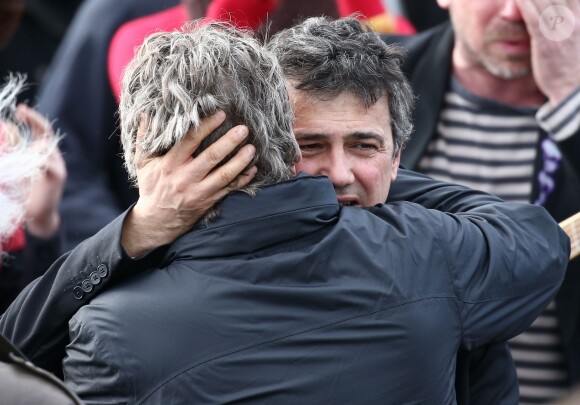 Patrick Pelloux - Sorties des obsèques du dessinateur Charb (Stéphane Charbonnier) à la Halle Saint Martin à Pontoise, le 16 janvier 2015. Il fait partie des 12 personnes tuées lors de l'attaque terroriste au siège de Charlie Hebdo, le 7 janvier 2015.