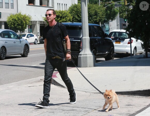 Gavin Rossdale, qui porte toujours son alliance, se promène avec son chien dans les rues de Bel Air. Le 30 août 2015