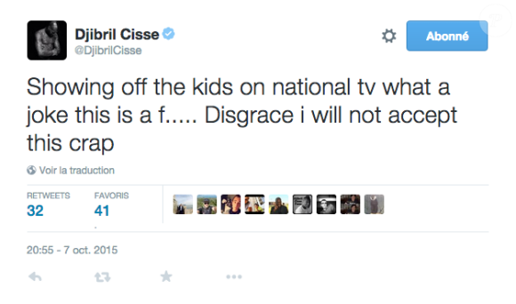 Djibril Cissé s'emporte contre son ex-femme sur Twitter le 7 octobre 2015.