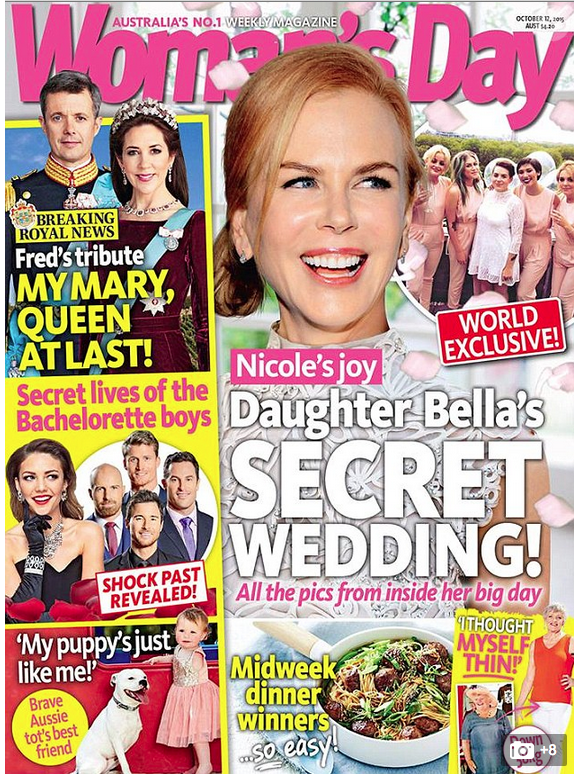 Le magazine Woman's Day avec en couverture Nicole Kidman et une photo du mariage secret de sa fille, Isabella. (octobre 2015)