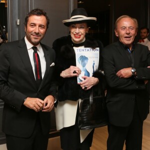 Bernard Montiel, Geneviève de Fontenay, Roland Escaig (créateur du Trofémina) - Soirée de remise des prix de la 12ème édition du TROFEMINA (prix décerné à des femmes d'exception) au pavillon Royal à Paris, le 14 octobre 2015.