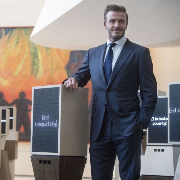 David Beckham, ambassadeur de l'UNICEF, soutient une oeuvre pour promouvoir la voix de l'enfant à l'ONU. New York le 24 septembre 2015