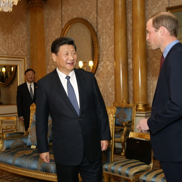 Le prince William, duc de Cambridge, rencontre Xi Jinping, le président de la république populaire de Chine, à Buckingham Palace le 20 octobre 2015 à l'occasion du dîner d'Etat organisé pour sa visite officielle. Les deux hommes sont alliés dans la lutte contre le commerce illégal des animaux sauvages.