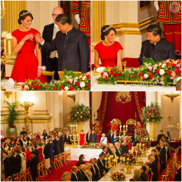 La duchesse Catherine de Cambridge, somptueuse dans une robe rouge Jenny Packham et coiffée de la tiare Papyrus, était assise à la droite du président chinois Xi Jinping lors du dîner officiel donné par Elizabeth II à Buckingham Palace le 20 octobre 2015 en l'honneur de sa visite d'Etat.