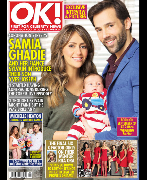 Samia Ghadie, Sylvain Longchambon et leur fils Yves en une du magazine OK ! du 27 octobre 2015