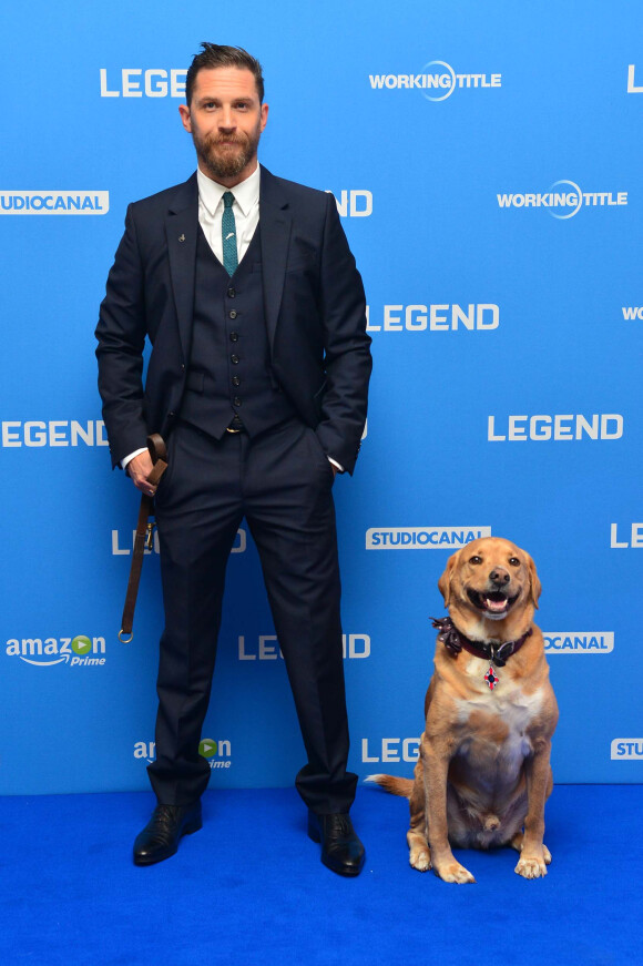 Tom Hardy et son chien Woody - Avant-première mondiale du film "Legend" à Londres, le 3 septembre 2015.