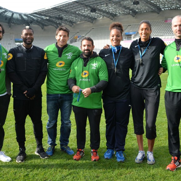 Yoann Huget, Djibril Cissé, François Trinh-Duc, Julien Candelon, Safi N'Diaye, Emmeline Ndongue et Thierry Omeyer lors des Journées Nationales de l'arbitrage au stade Jean Bouin le 21 octobre 2015 à Paris