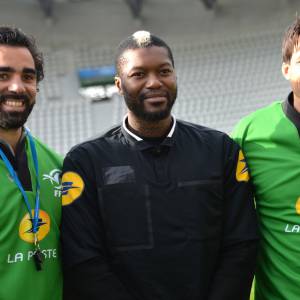 Yoann Huget, Djibril Cissé, François Trinh-Duc lors des Journées Nationales de l'arbitrage au stade Jean Bouin le 21 octobre 2015 à Paris